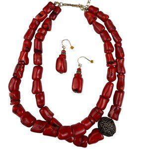 Barse Womens Red Stone & Gold Tone Earrings & Necklace Set